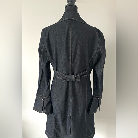 Bisou Bisou Dark Blue Denim Trench Coat Jean Jacket Contrast Stitch Button Small - Picture 3 of 13
